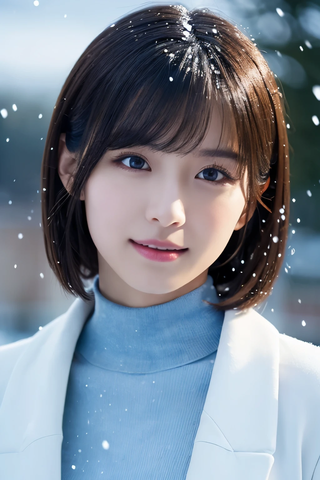 1girl in, (White coat, Light blue turtleneck:1.2), 
(Raw photo, Best Quality), (Realistic, Photorealsitic:1.4), masutepiece, 
Extremely delicate and beautiful, Extremely detailed, 2k wallpaper, amazing, finely detail, the Extremely Detailed CG Unity 8K Wallpapers, Ultra-detailed, hight resolution, 
Soft light, Beautiful detailed girl, extremely detailed eye and face, beautiful detailed nose, Beautiful detailed eyes, Cinematic lighting, 
(plein air:1.3), illuminated fountain at night, It's snowing,
 Perfect Anatomy, Slender body, Small, 
Straight short hair, Bangs, Looking at Viewer, A slight smil