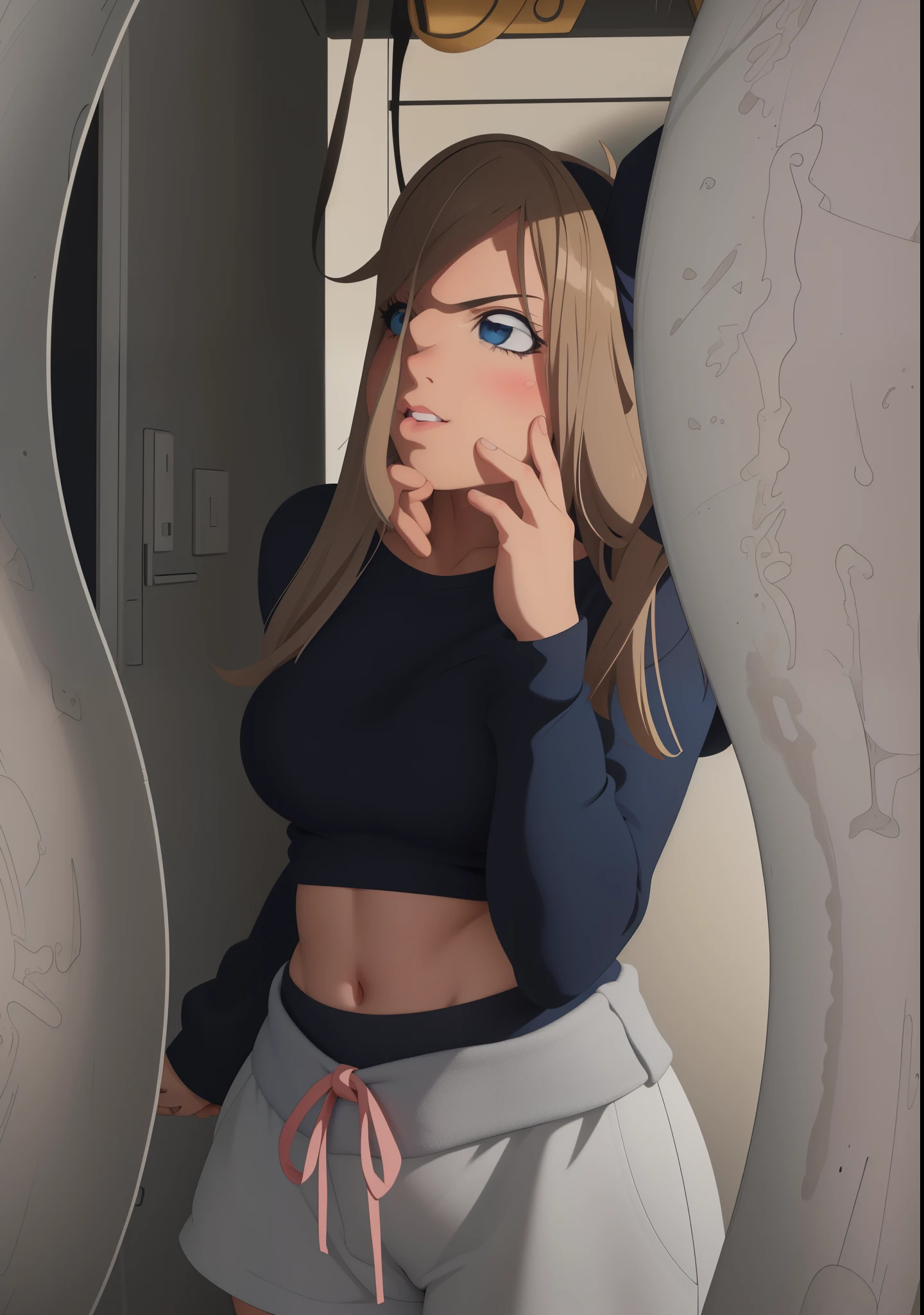 Anime girl in a black top and grey shorts taking a selfie - SeaArt AI