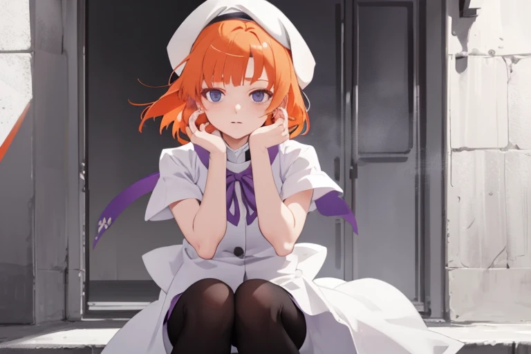 1girl in，White beret，Orange hair，short head hair，White clothes，Blue eyes，Face Up，Purple ribbon，Black tights