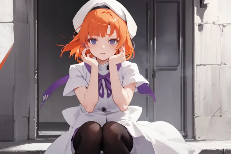 1girl in，white beret，orange hair，short head hair，white clothes，blue eyes，face up，purple ribbon，black tights