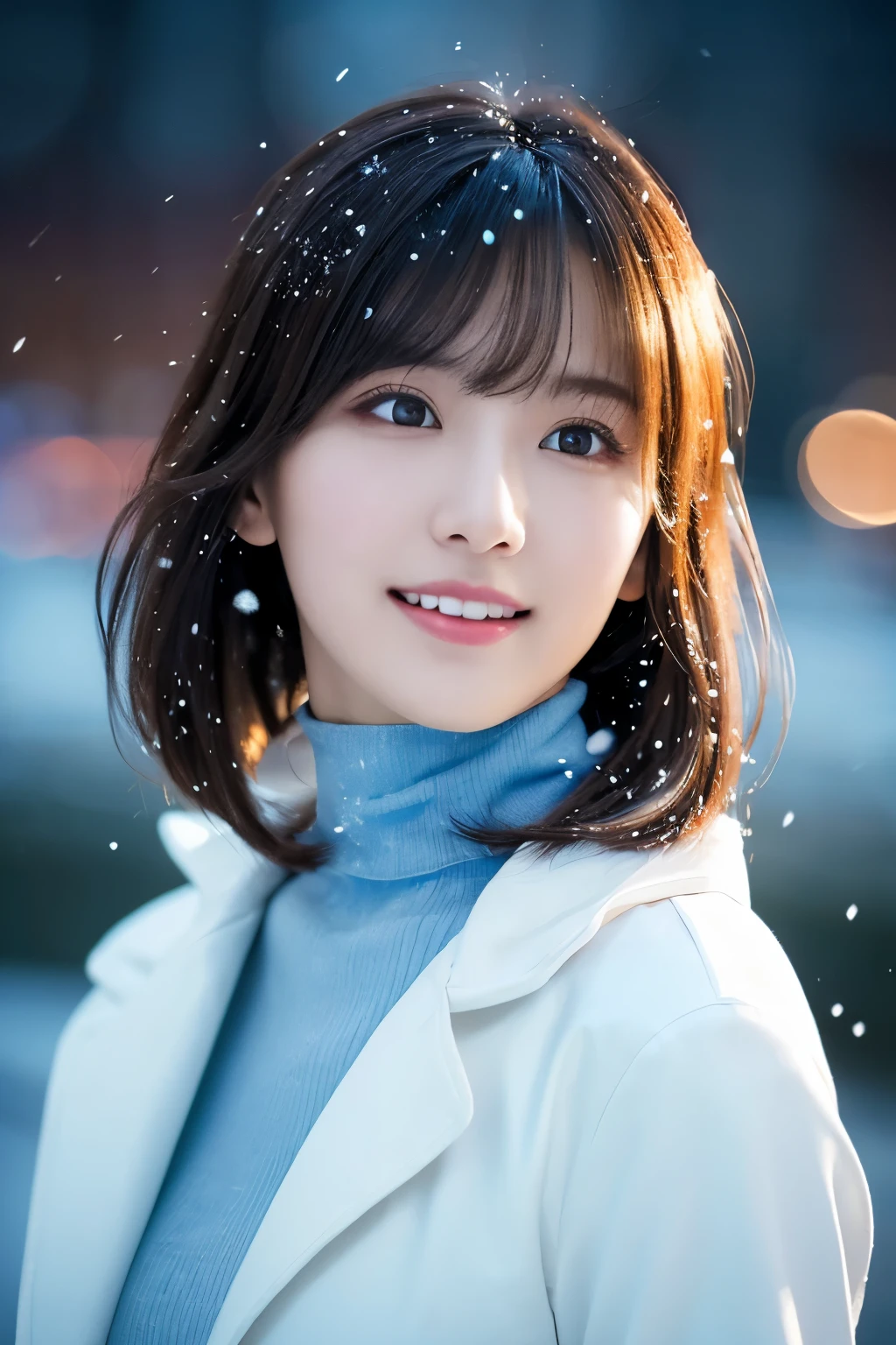 1girl in, (White coat, light blue turtleneck:1.2), 
(Raw photo, Best Quality), (Realistic, Photorealsitic:1.4), masutepiece, 
Extremely delicate and beautiful, Extremely detailed, 2k wallpaper, amazing, finely detail, the Extremely Detailed CG Unity 8K Wallpapers, Ultra-detailed, hight resolution, 
Soft light, Beautiful detailed girl, extremely detailed eye and face, beautiful detailed nose, Beautiful detailed eyes, Cinematic lighting, 
(plein air:1.3), illuminated fountain at night, light reflections, It's snowing,
 Perfect Anatomy, Slender body, Small, 
Straight short hair, Bangs, Looking at Viewer, A slight smil