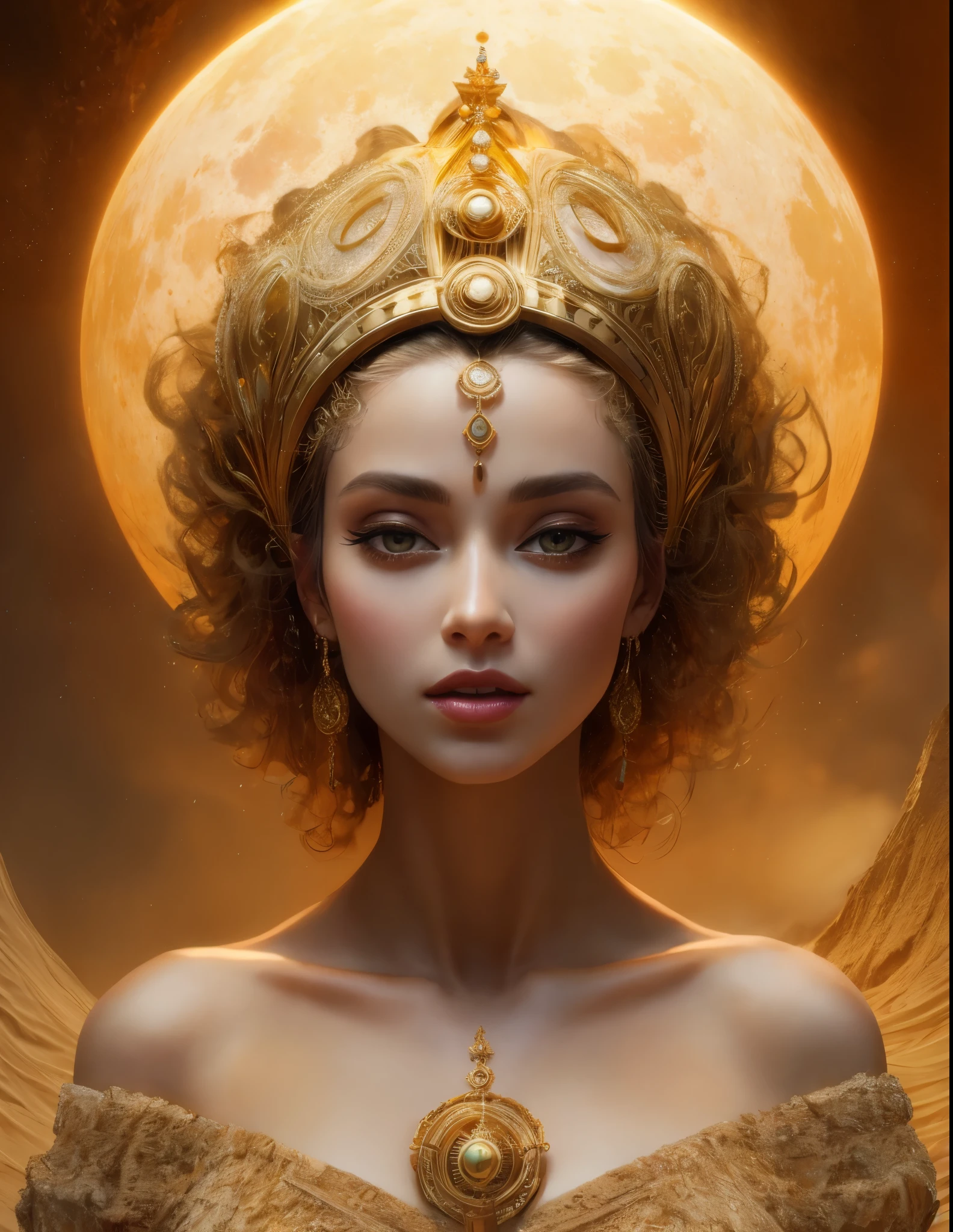 A beautiful girl wears a dress made of sand and wears a golden crown., goddesses. very high details, portrait of a beautiful goddesses, Behind it is a large moon., a stunning portrait of a goddesses, goddesses close-up portrait, 3 d goddesses portrait, Karol Bak and Peter Mohbacher, (Realistic face details), intricate detailed, very high details, photo-hyper-realistic, 8k, UHD, hyperdetailed,