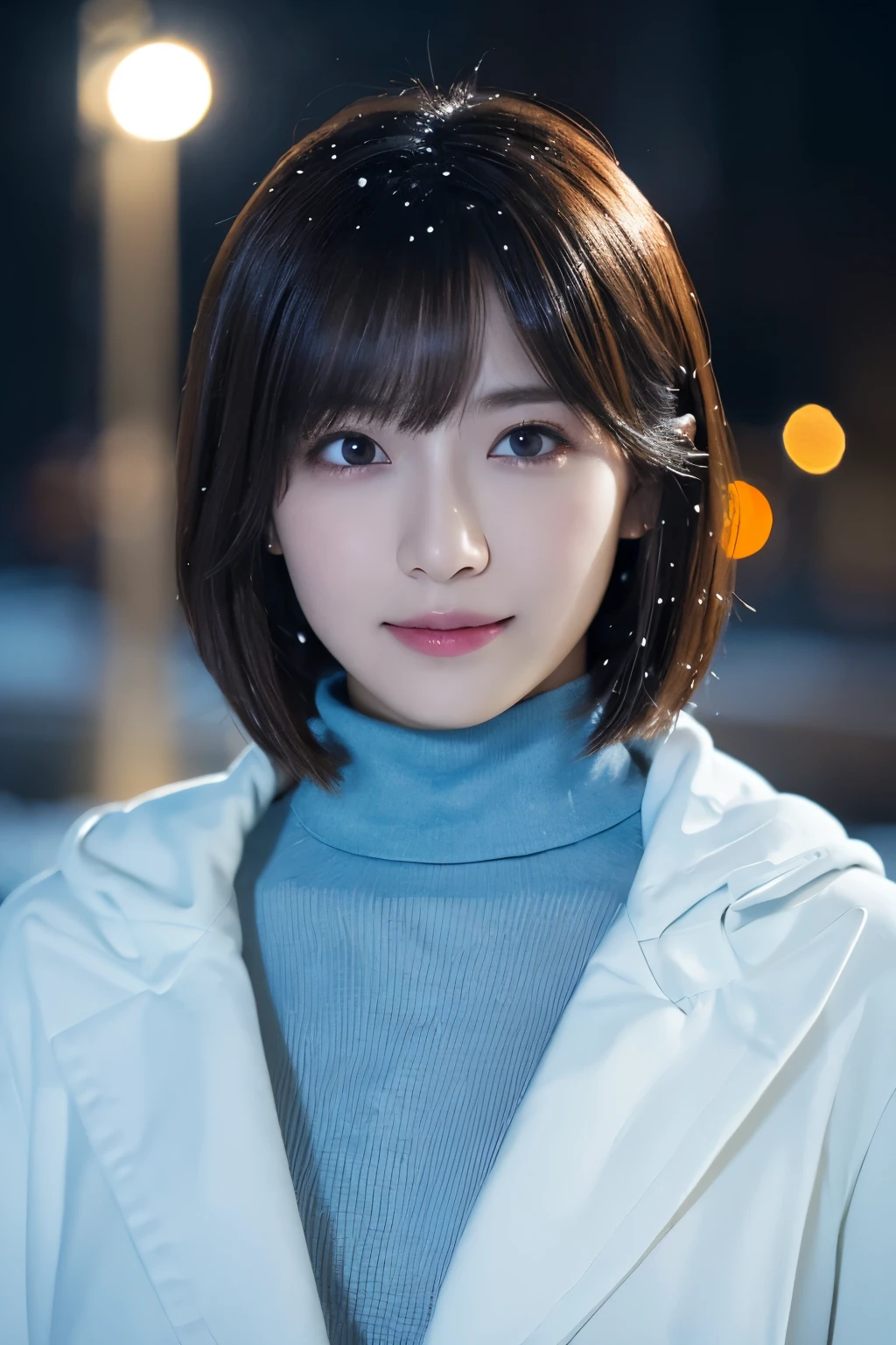 1girl in, (White coat, light blue turtleneck:1.2), 
(Raw photo, Best Quality), (Realistic, Photorealsitic:1.4), masutepiece, 
Extremely delicate and beautiful, Extremely detailed, 2k wallpaper, amazing, finely detail, the Extremely Detailed CG Unity 8K Wallpapers, Ultra-detailed, hight resolution, 
Soft light, Beautiful detailed girl, extremely detailed eye and face, beautiful detailed nose, Beautiful detailed eyes, Cinematic lighting, 
(plein air:1.3), illuminated fountain at night, light reflections, It's snowing,
 Perfect Anatomy, Slender body, Small, 
Straight short hair, Bangs, Looking at Viewer, A slight smil