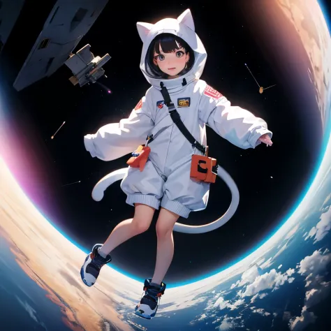 Girl with cat costume full body in space