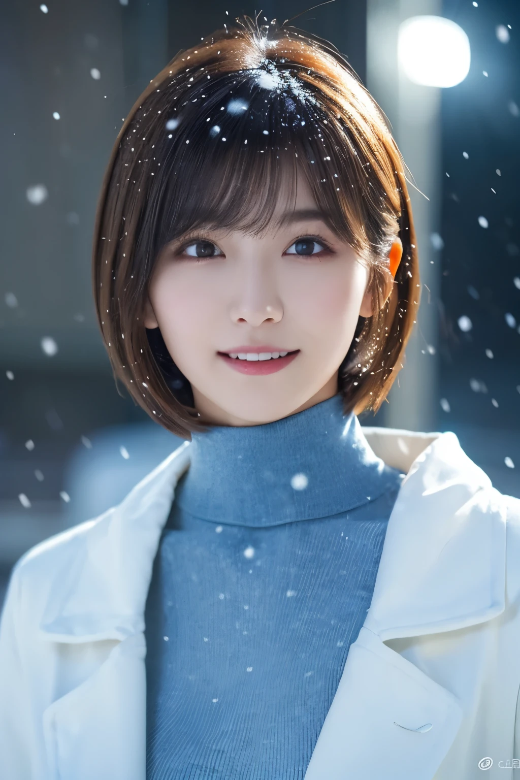 1girl in, (White coat, light blue turtleneck:1.2), 
(Raw photo, Best Quality), (Realistic, Photorealsitic:1.4), masutepiece, 
Extremely delicate and beautiful, Extremely detailed, 2k wallpaper, amazing, finely detail, the Extremely Detailed CG Unity 8K Wallpapers, Ultra-detailed, hight resolution, 
Soft light, Beautiful detailed girl, extremely detailed eye and face, beautiful detailed nose, Beautiful detailed eyes, Cinematic lighting, 
(plein air:1.3), illuminated fountain at night, light reflections, It's snowing,
 Perfect Anatomy, Slender body, Small, 
Straight short hair, Bangs, Looking at Viewer, A slight smil