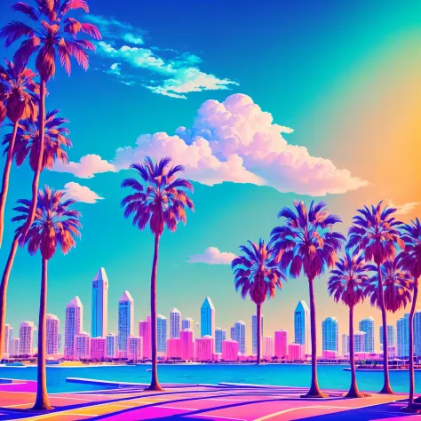 (abstrato) (vaporwave) (synthwave) (San Diego downtown) (palms) geometrical forms, futurismo, surreal, paisagem, distopia