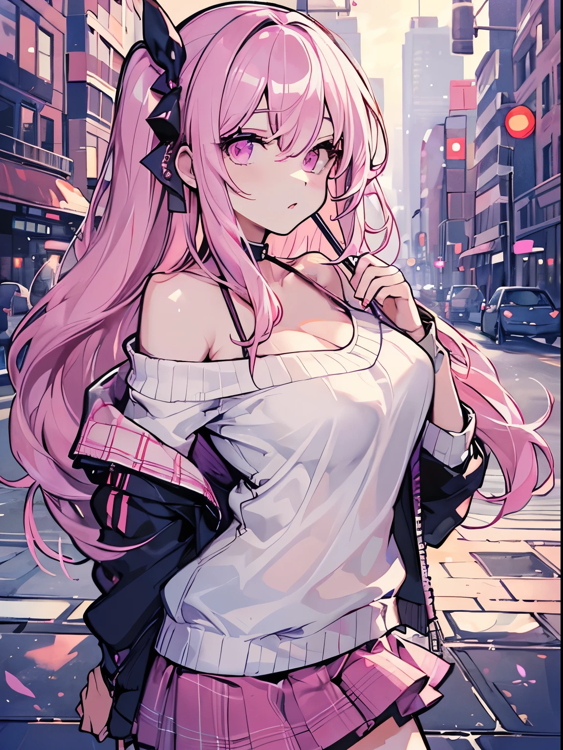 best qualtiy, 超A high resolution, A detailed face, A detailed eye, ((darkpink color:1.3)), 1girll, Beautuful Women, large full breasts, off-shoulder knit, jaket, a miniskirt, rcasual,