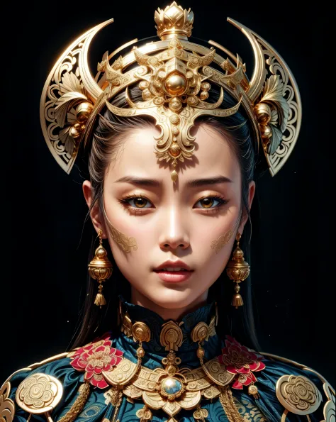 beautiful girl wearing a golden crown and blue dress, oriental face, beautiful oriental woman, asian face, inspired by lan ying,...