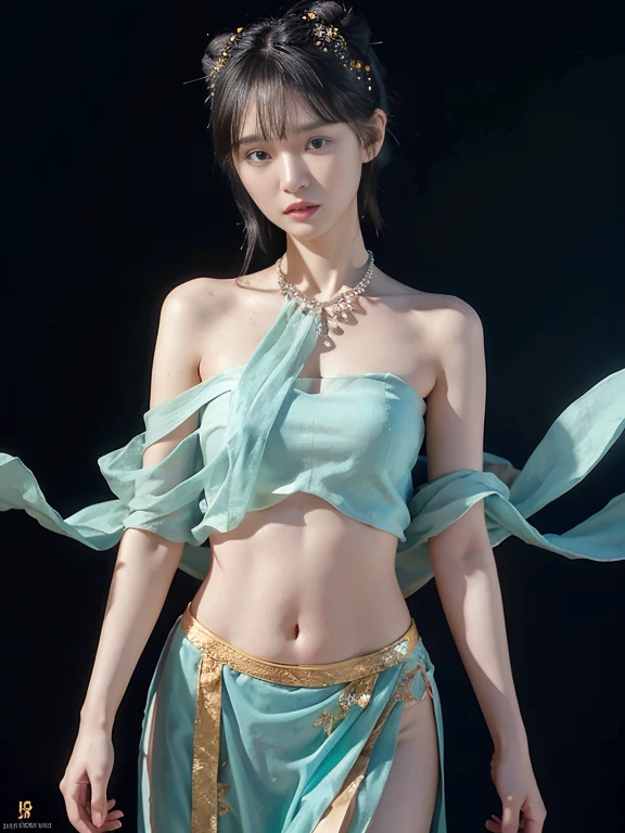 Bust photo, a beautiful woman, messy hair, girly, symmetrical bun, hair accessories, jewelry, delicate face, eye shadow, delicate cyan top, bare shoulders, navel, bare belly, Dunhuang style, a lot of streamers, delicate skin, soft light effects, delicate and smooth hair, delicate details, eye highlights, fair skin, fine portrayal, extreme details, cinematic quality, thin, slender, broken, hair details, thin bangs, shawl hair, correct body, shadows, air bangs, 8K, super detailed, Fine fabric texture, soft, supple, smooth texture, Dunhuang style, delicate pattern, correct hand painting, smile, tsurime, Surrealism, ray tracing, UHD, high details, super detail, highres, 8k, high quality, high details, textured skin, ccurate