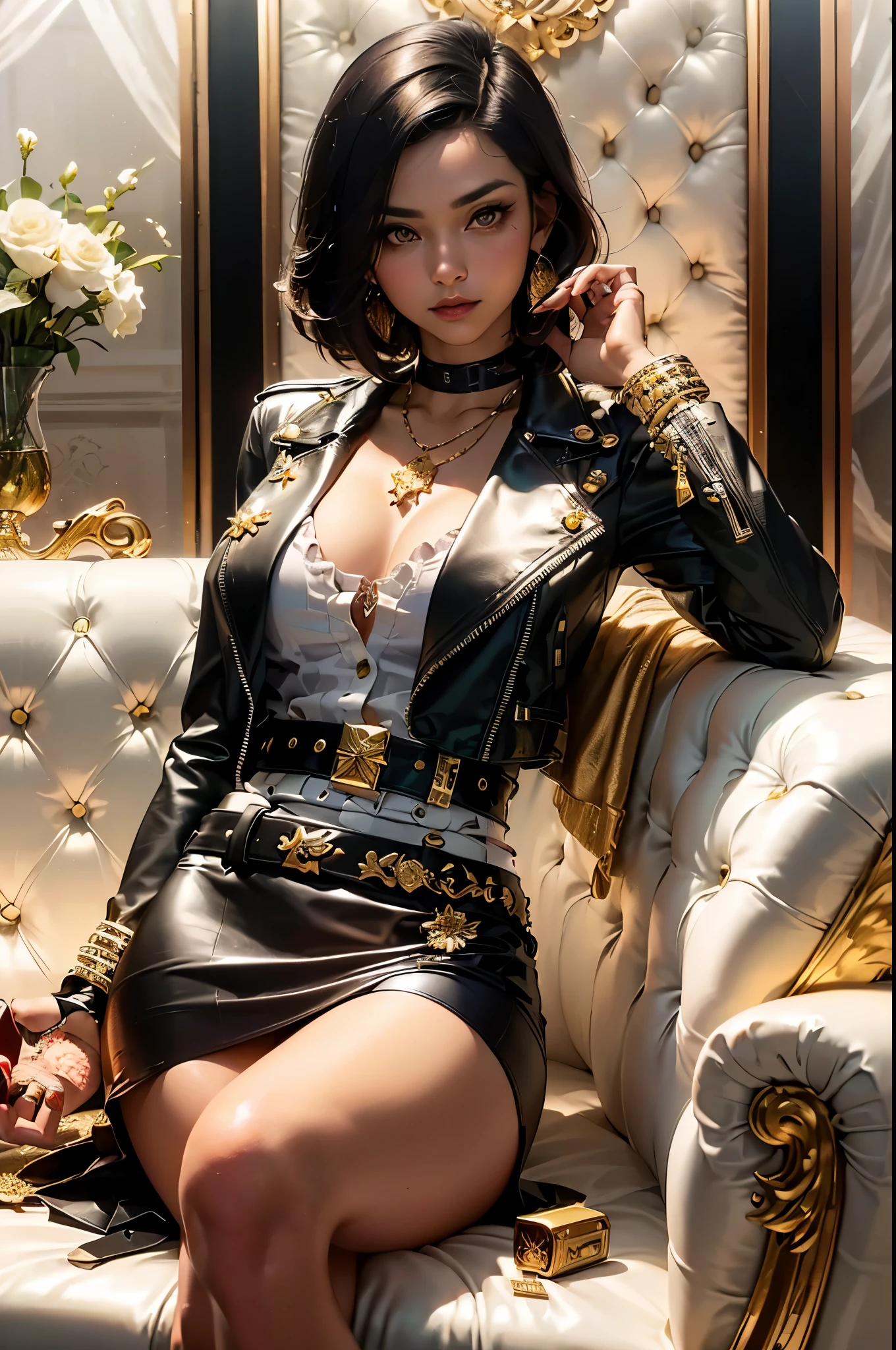 (beautifull mafia lady, medium bob hair, sitting on sofa, holding gold bar, gold bar everywhere, gold belt, luxury gold hairpin, mafia house, (luxury house ornament), (detail luxury leather jacket), (detail luxury leather skirt), expensive detailed necklace, flower vase on glass table,  beautifull face, pretty face, beautifull eyes, beautifull nose, sexy lips, polished nails, raytracing, beautifull fingers, beautifull hands, sexy belly, sexy body, sexy shoulders, sexy hips, (luxury arm ornament), (luxury bracelet), (luxury ring), (luxury necklace), (luxury earring), (4 fingers in 1 hand), full body picture, pretty makeup, perfect anatomy, good lighting, professional photoshoot, closed up shoot, photomodel, photogenic, masterpiece, best quality:1.2),,(8k,highres,RAW photo,realistic,photo-realistic:1.3),(detailed skin texture,detailed cloth texture,beautiful detailed face:1.25),professional lighting,photon mapping,beautiful soft light,radiosity,physically-based rendering,raytracing, model shoot style, model shoot style, (extremely detailed CG unity 8k wallpaper), full shot body photo of the most beautiful artwork in the world,