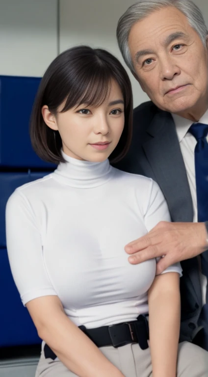 1 office lady and 1 old man sitting,close to each other, (his arm touching her breast:1.1),very cute face, bob hair, thin fabric turtleneck,headset,baseball stadium,perfect anatomy, masterpiece, best quality, perfect face