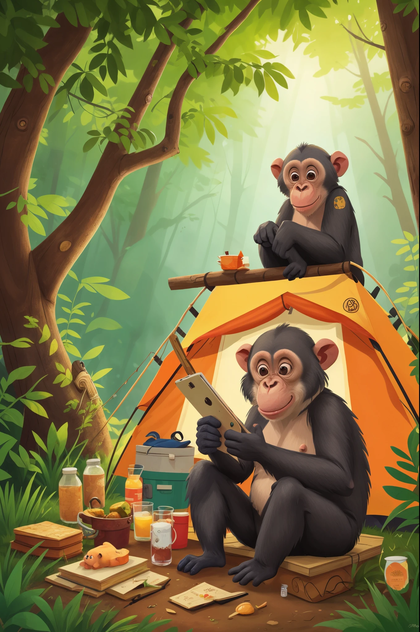 Two monkeys sitting on a blanket in the woods with a tent - SeaArt AI