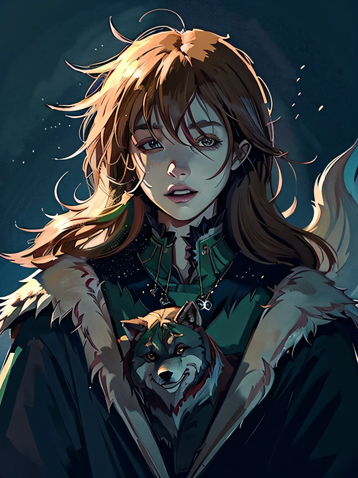 (((Illustration of one person and one wolf:1.3))), Sit on your knees, (((cry with a howl:1.2))), strict and fearless warrior, ornament armor, Cinematic Angle, While calling for rain, sharp looking eyes, Brown eyes, dark orange long hair, (((Shaggy hair:1.2))) wonderful wolf fur, sad night atmosphere, intricate oil paint illustration, dark fantasy landscape background, (smooth, beautiful and glowing skin:1.1), High quality, Stunning 16K detailed rendering, fantasy00d,