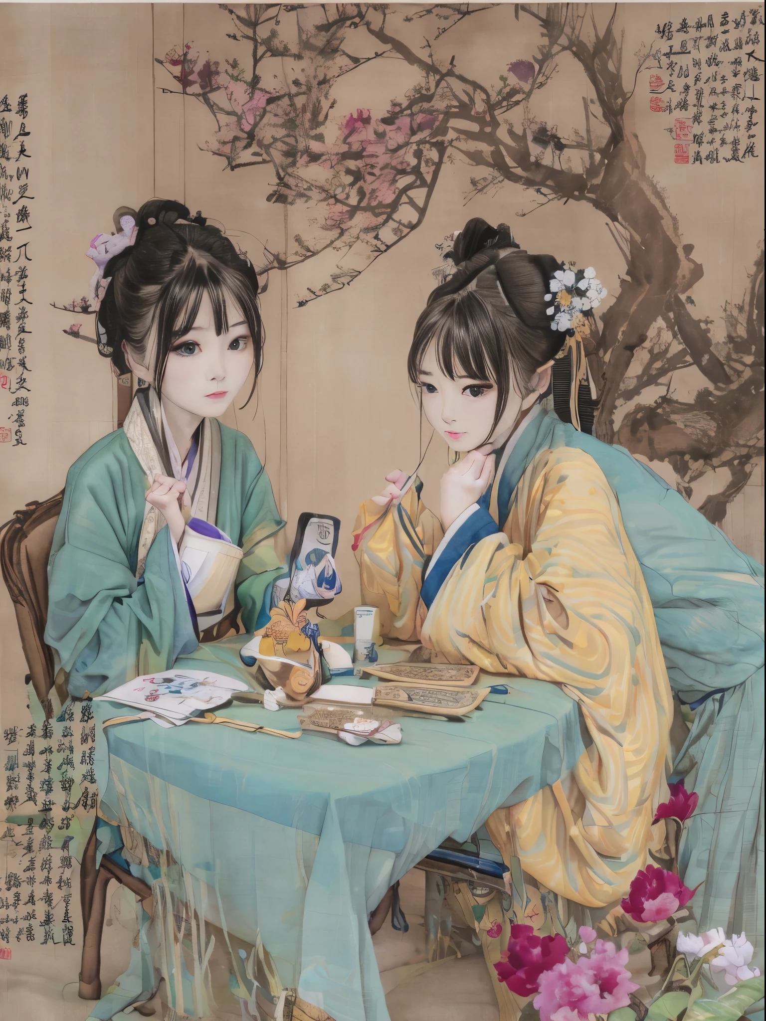 a close up of a full colour painting of people in a landscape, ancient chinese beauties, qing dynasty painting, by Wang Lü, su fu, mu pan, by Lü Ji, song dynasty, ancient china art style, chinese painting, robed figures sat around a table, by Wang Hui, by Yun Du-seo, old chines painting, traditional chinese painting, holding a cat, lace,