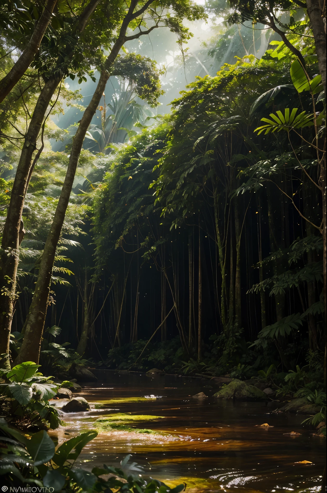 A view of a stream running through a lush green forest - SeaArt AI