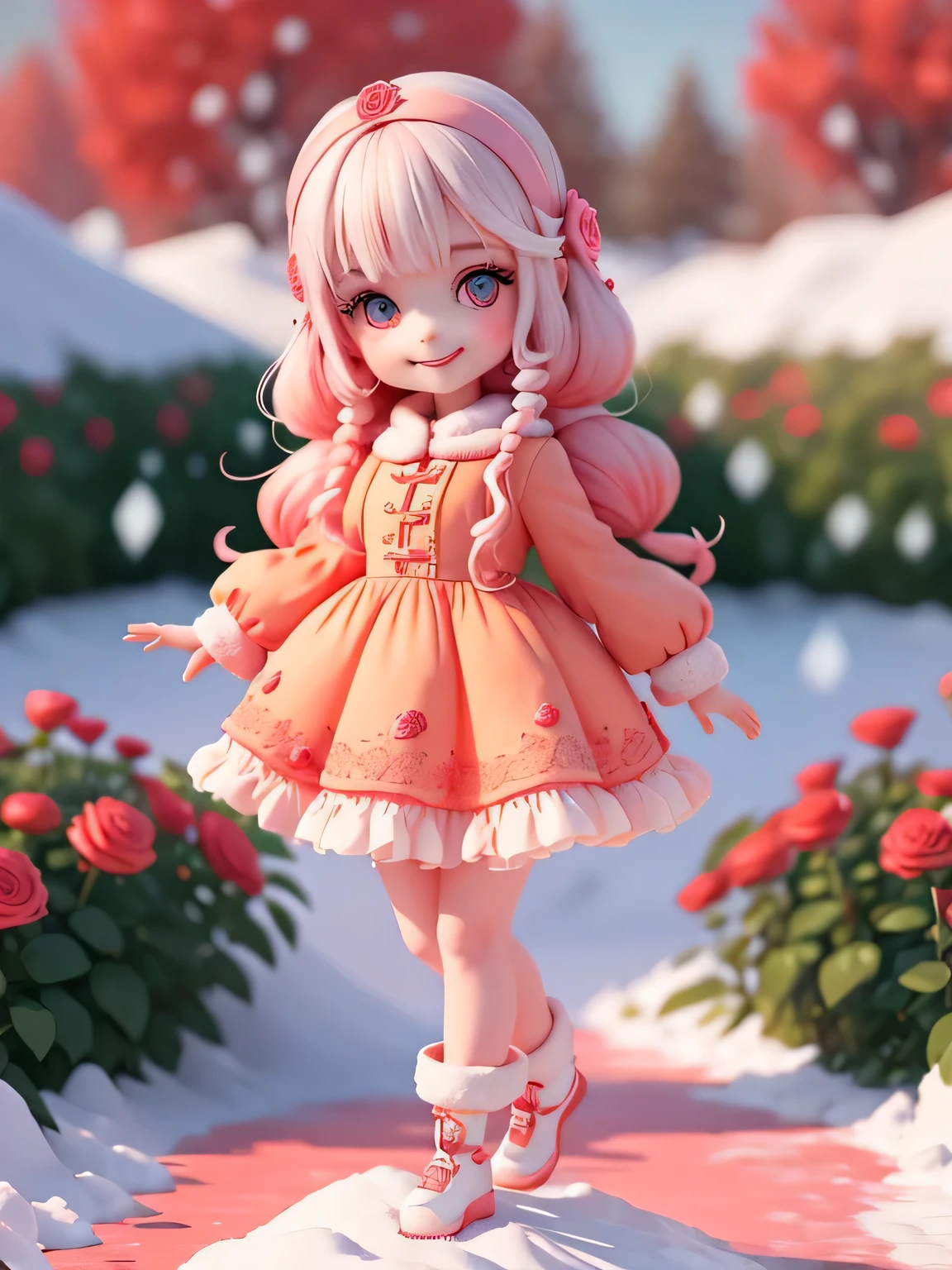 Very nice girl, Full body, With beautiful hair accessories attached, Colored, sensitive eyes, Smileing, Thick, tailored clothing, Snow covered red rose garden, Bright 3D display, OC Submission, 8k, soft focus, Ultra detailed glossy thin - air 3:6 50 -- Neji 5 -- Expressive style --s 2