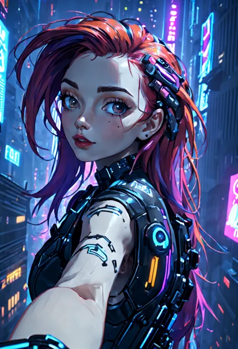 analog style, model shoot tyle, (Selfie:1.8), 1girl in, (Cyberpunk:1.8, Cyberpunk city background:1.8), ((cute  face: 1.8, Perfe...