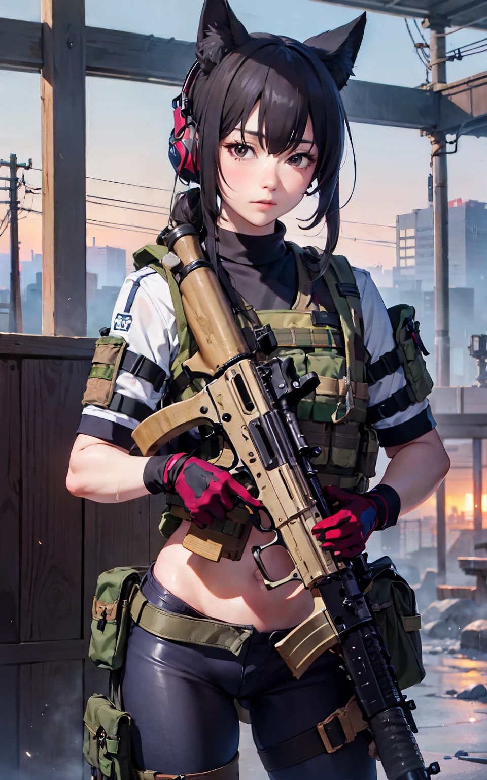 Highly detailed CG Unity 8k wallpaper, of the highest quality, super detailed, masterpiece, Realistic,1 girl, extremely detailed face, ((Shichido Yukino)),
(Tactical vest), look at viewer,Committed, Cowboy Shot, holding ak47,belly, camouflag outfit, glove,fox ears,(ruin background), heavy rain,dawn time