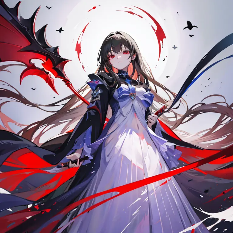 gazing at viewer、knight wearing armor、wearing a black robe、red eyes、wearing a red aura、holding a scythe、fantasticalな背景、pretty wo...