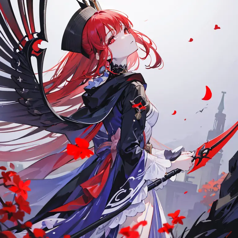 gazing at viewer、knight wearing armor、wearing a black robe、red eyes、wearing a red aura、holding a scythe、fantasticalな背景、pretty wo...