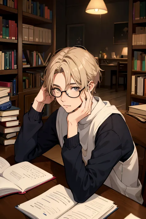 One male character, glasses,  man on his mid twenties, grey eyes, smart looking, on a desk with lots of books.