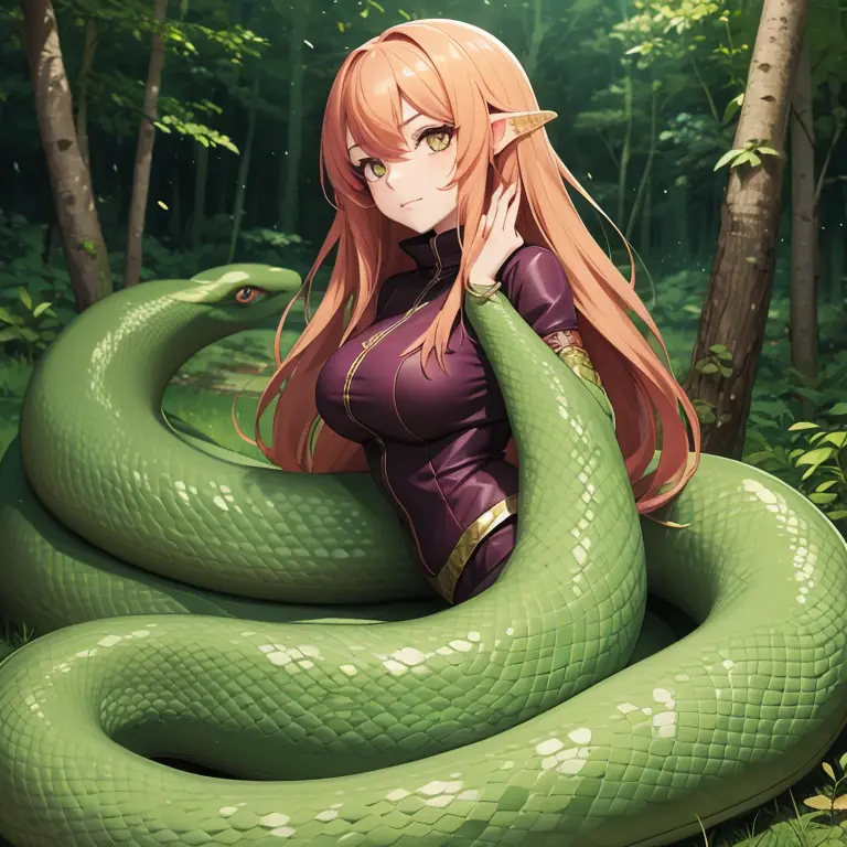 Anime style image of a lamia girl, her body is half snake and half human, she is in a forest and her gaze is cold and she is not...