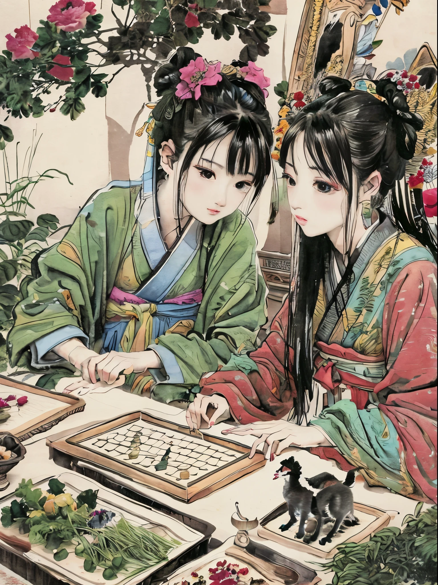 um close de uma pintura colorida de pessoas em uma paisagem, belezas chinesas antigas, Pintura da dinastia Qing, por Wang Lü, sufu, panela, por Lu Ji, Dinastia Song, estilo de arte da china antiga, pintura chinesa, figuras vestidas sentadas ao redor de uma mesa, por Wang Hui, por Yun Du-seo, pintura de chines antigos, traditional pintura chinesa, Renda, jogando xadrez chinês, xadrez chinês na mesa, gato na mesa, gato olhando xadrez, flores fora da janela, borboleta no ar, mostrando Vulvas,