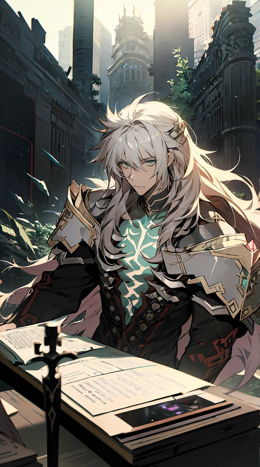 Upper body only photo,solo,  (Siegfried,Fate),1 Young Man、Solo, gray long hair、green  eyes、best  quality、８Ｋ、In the ruins of the night,masterpiece