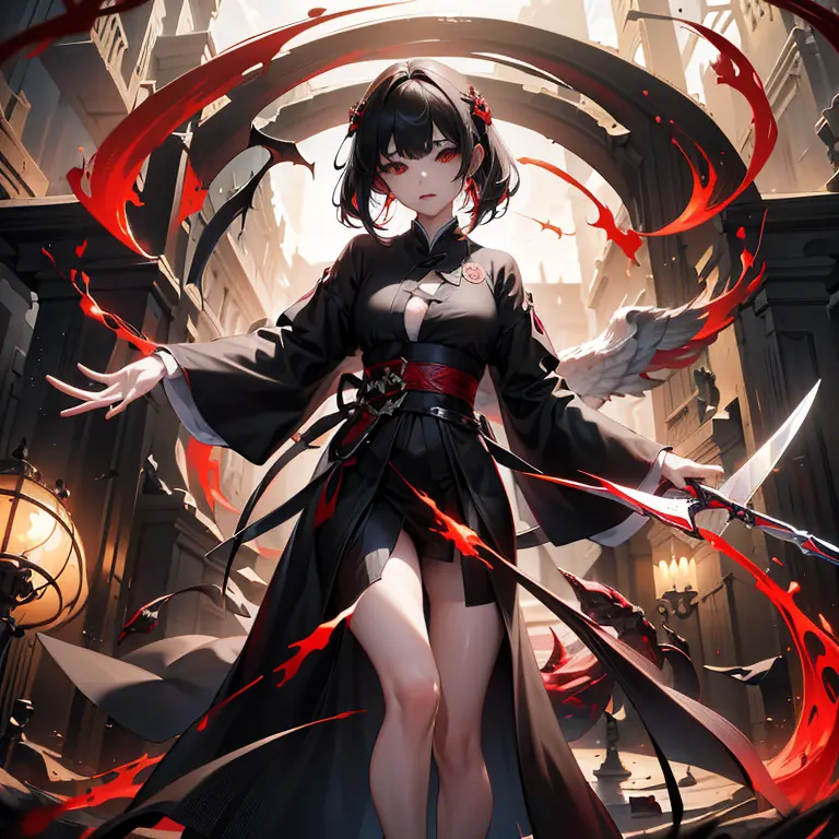 gazing at viewer、has a two handed sword、Wearing a black robe、Red Eyes、Wearing a red aura、Holding a scythe、Fantasticalな背景、Pretty ...