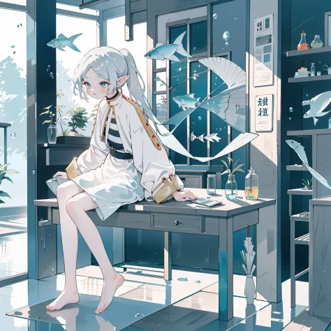 jars, one-girl, solo, ((The upper part of the body)), Frilen, (Long gray hair), pointy ears, jewely, 耳Nipple Ring, (长的dual horse...