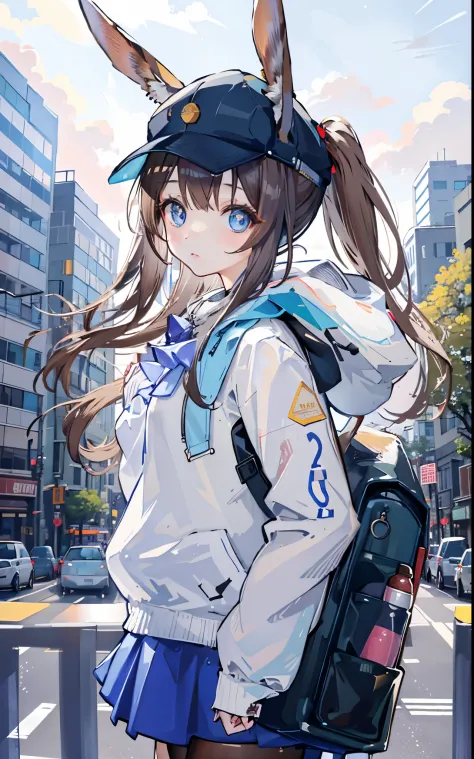 1girl, animal ears, rabbit ears, straight-on, upper body, looking at viewer, brown hair, ponytail,  expressionless, badge, bangs, blue baseball cap, detailed eyes, clothes writing, white clothes, hood, hood down, standing, long sleeves, closed mouth, (blue...