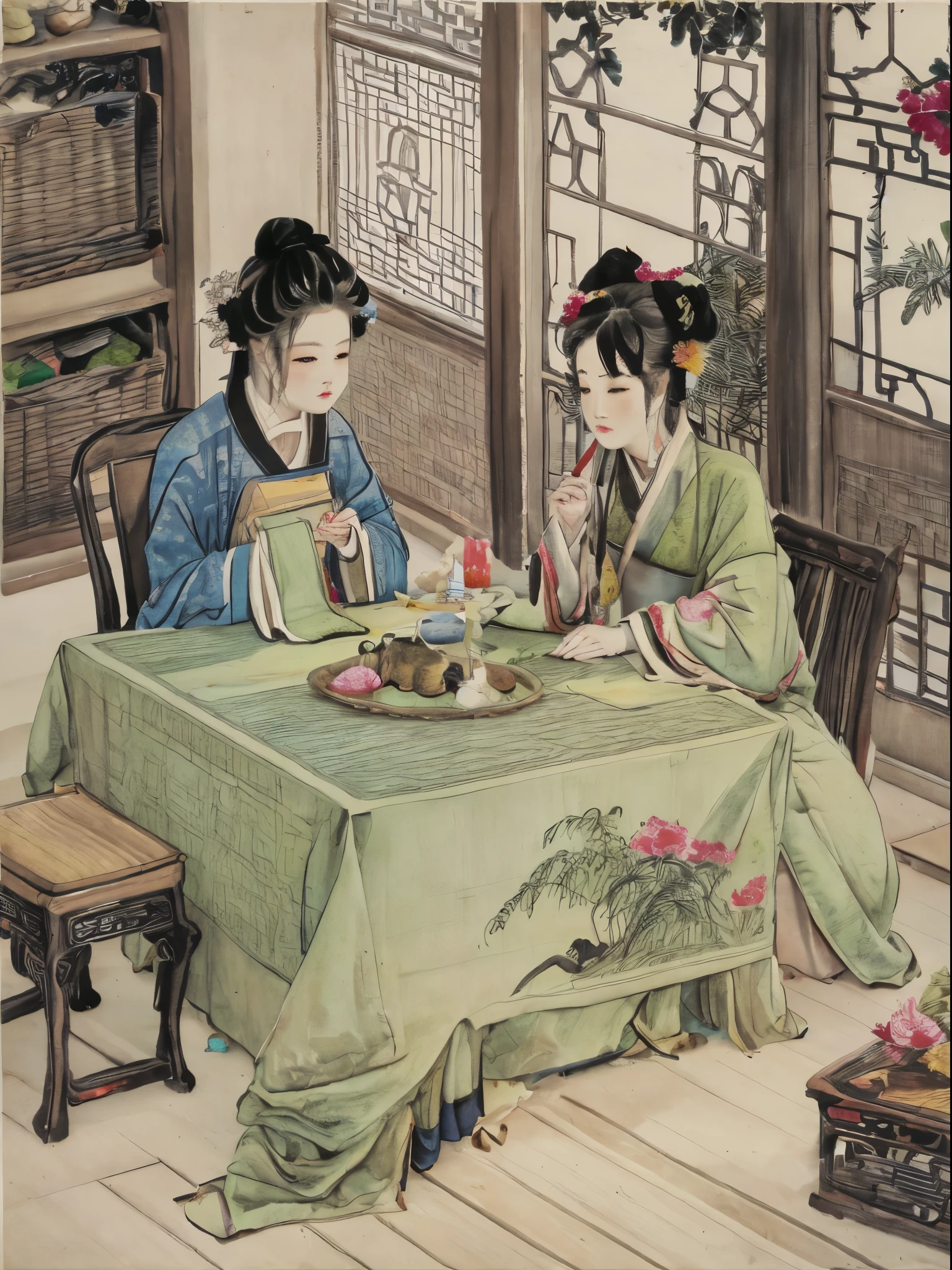 um close de uma pintura colorida de pessoas em uma paisagem, belezas chinesas antigas, Pintura da dinastia Qing, por Wang Lü, sufu, panela, por Lu Ji, Dinastia Song, estilo de arte da china antiga, pintura chinesa, figuras vestidas sentadas ao redor de uma mesa, por Wang Hui, por Yun Du-seo, pintura de chines antigos, traditional pintura chinesa, cores vibrantes, alta qualidade, Alto contraste,linda luz e sombra, (melhor qualidade), (japonês:0.5), (coreano:0.8), (Liu Yifei:1.5), Renda, jogando xadrez chinês, xadrez chinês na mesa, gato na mesa, gato olhando xadrez, flores fora da janela, borboleta no ar, mostrando Vulvas,