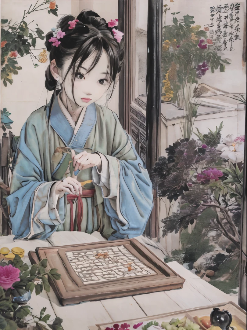 a close up of a full colour painting of people in a landscape, ancient chinese beauties, qing dynasty painting, by Wang Lü, su fu, mu pan, by Lü Ji, song dynasty, ancient china art style, chinese painting, robed figures sat around a table, by Wang Hui, by Yun Du-seo, old chines painting, traditional chinese painting, lace, playing chinese chess, chinese chess on table, cat on table, cat looking at chess, flowers outside window, butterfly in the air, showing Vulvas,