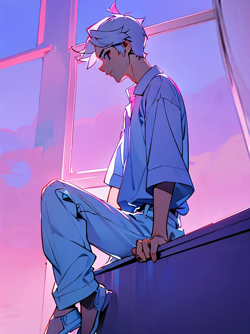 (masterpiece), best quality, expressive eyes, perfect face, ((1boy)), (male), ((side profile angle)), (full body), ((relaxed on window sill)), (white hair), (short hair), (purple eyes), white loose shirt, (white short pants), high detailed clothing, surreal illustration, (blue and pink colored sky)