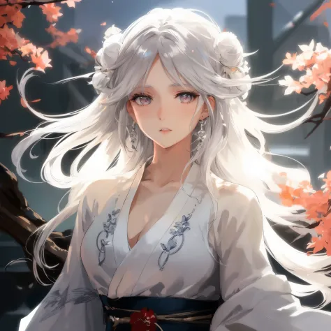 a woman Has gray hair and a white dress is standing in front of a tree, white-haired god, a beautiful anime portrait, beautiful anime woman, beautiful anime style, Flowing white hair, Beautiful anime girls, Girl with white hair, beautiful attractive anime ...