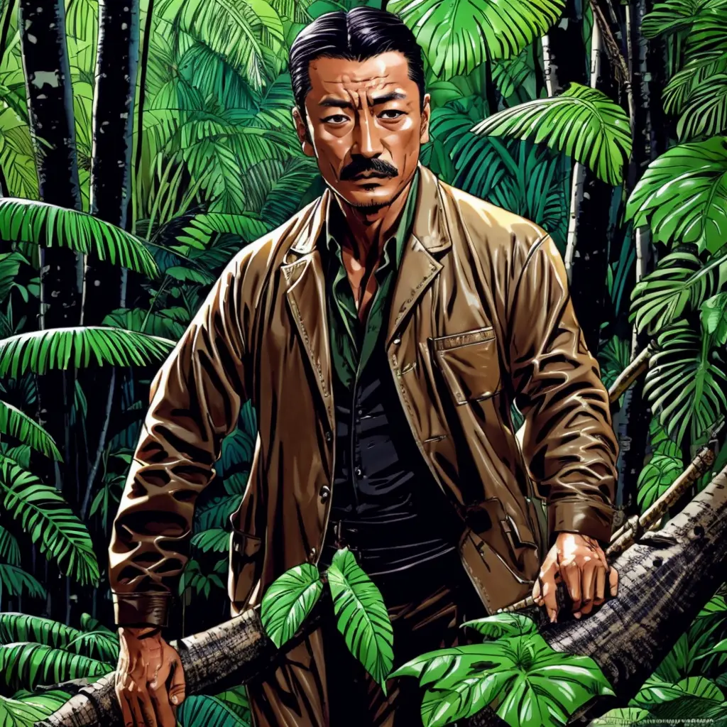 50 years old，Hidetoshi Nakata ，（Kogoro Mouri 1.3), safari clothe, tong, mustache，little beard, in the jungle, hunt animal, epic ...