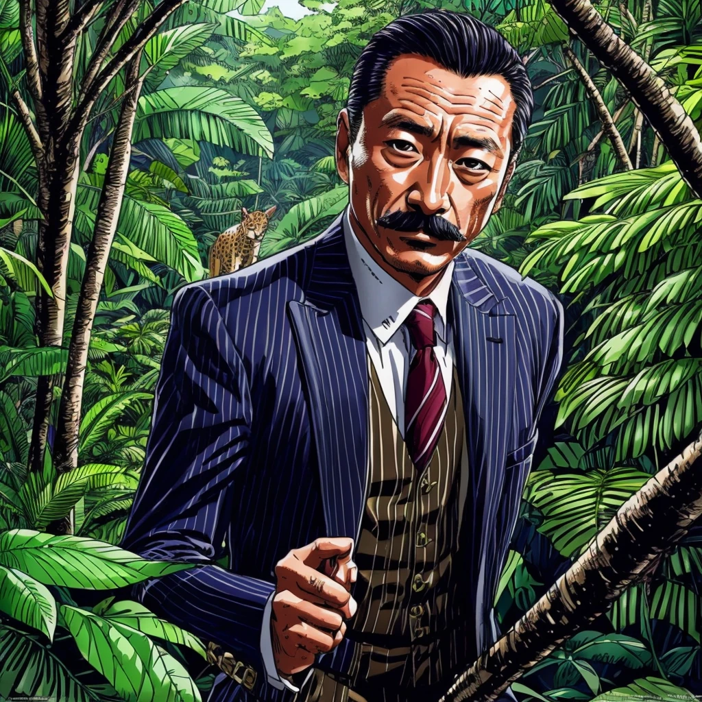 50 years old，Hidetoshi Nakata ，（Kogoro Mouri 1.3), safari clothe, tong, mustache，little beard, in the jungle, hunt animal, epic scene, drawing picture style, super detail, wallpaper picture quality, masterpiece，4k hd, 8k hd, 16k hd