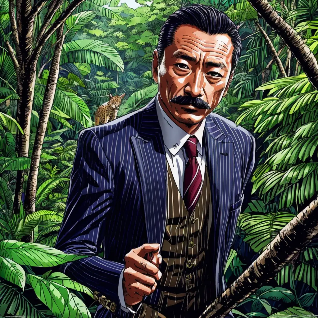 50 years old，Hidetoshi Nakata ，（Kogoro Mouri 1.3), safari clothe, tong, mustache，little beard, in the jungle, hunt animal, epic ...