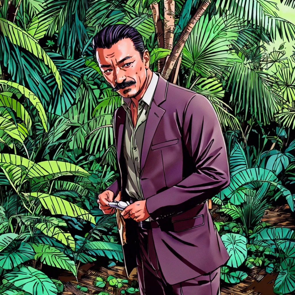 50 years old，Hidetoshi Nakata ，（Kogoro Mouri 1.3), safari clothe, tong, mustache，little beard, in the jungle, hunt animal, epic scene, drawing picture style, super detail, wallpaper picture quality, masterpiece，4k hd, 8k hd, 16k hd