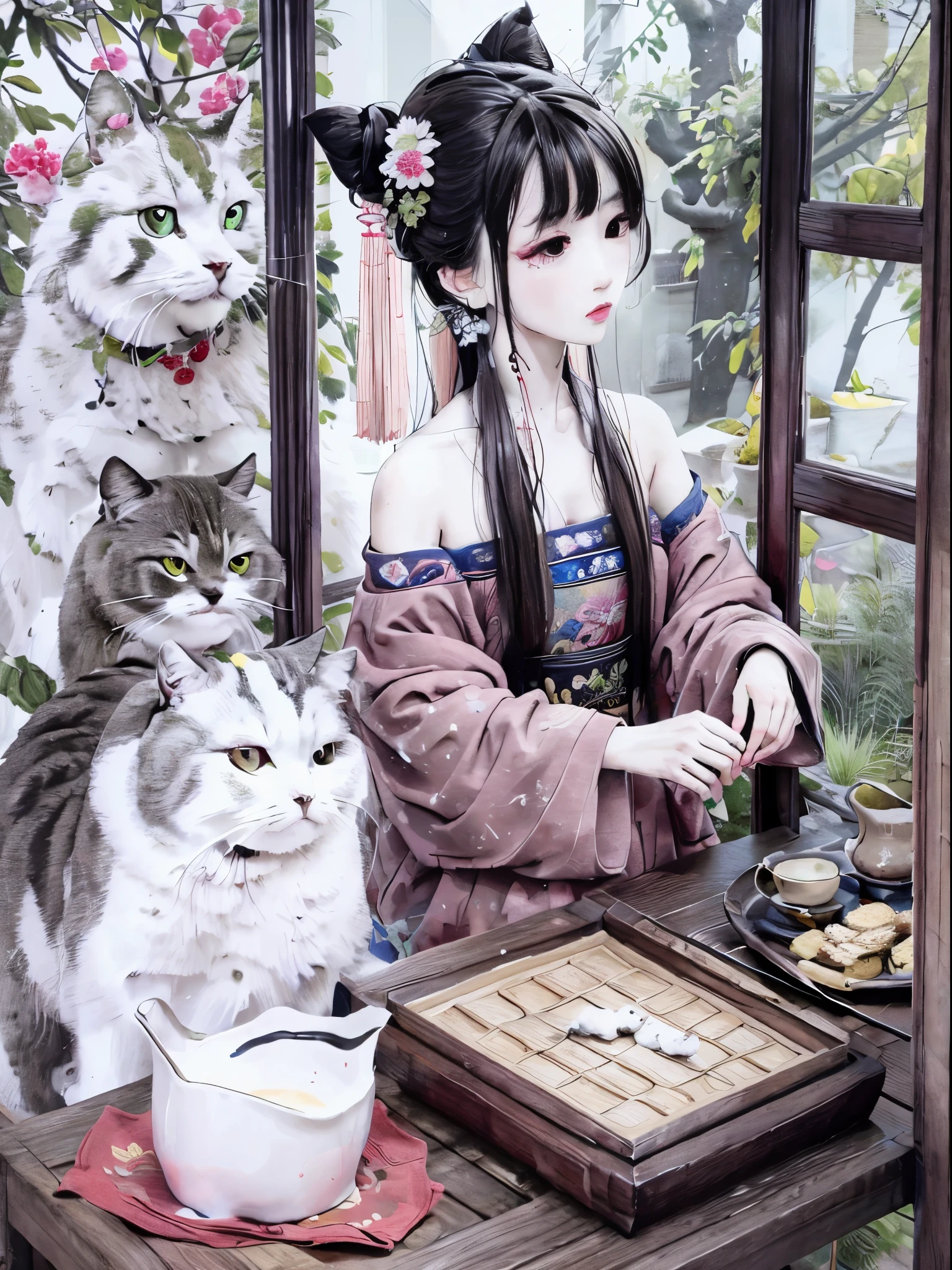 There is a woman sitting at a table with a cat and a bowl of food