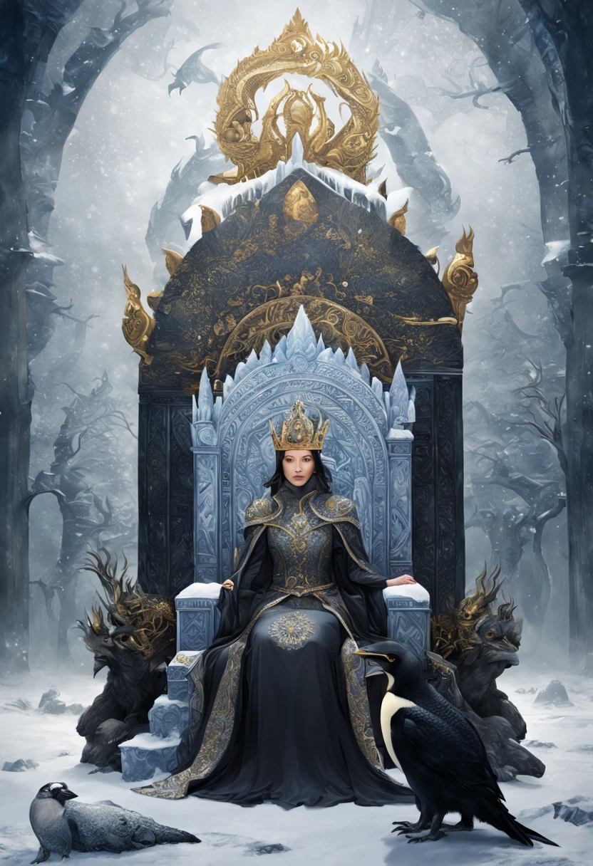 crown, throne, ice, winter scene, iced over throne, 1woman, sitting, woman focus, 1golden-crow, 1emperor-penguin, 1dragon, 1obsidian-panther, spacial theme, (zentangle, entangle, mandala:0.5),SpacialGalaxyScene