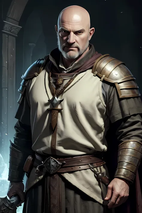 ((realistic, masterpiece, best quality, best shadow, best illumination)), 1man, war cleric, dungeons and dragons, cleric, bald, no bear, without beard, skinny, clean face without beads, lean, white bald man, ugly, ugly face, cleric armor with warhammer, fa...
