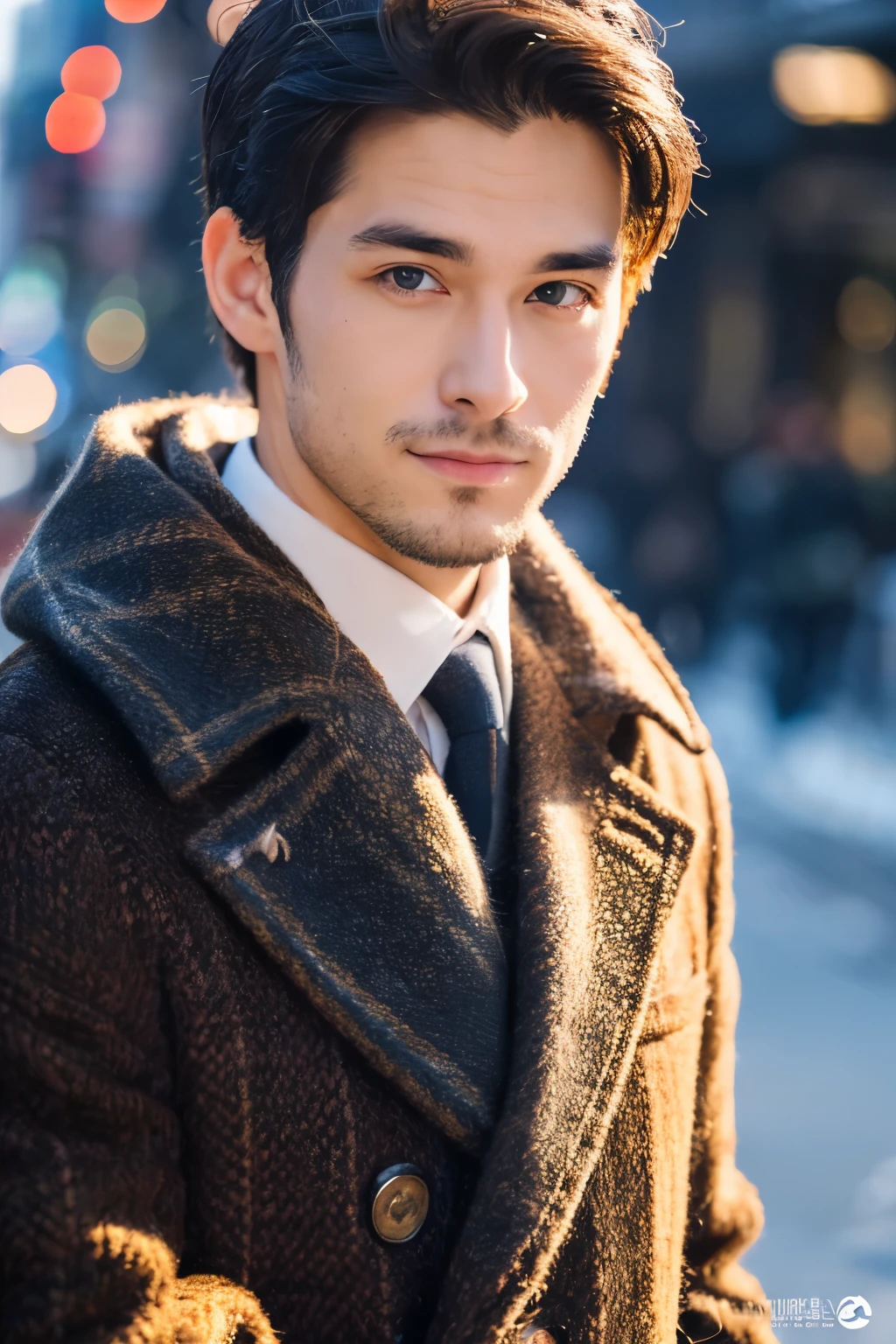 Fotorrealístico, Retrato de corpo inteiro em 8K, um lindo, Um homem, Uma expressão encantadora, detalhes detalhados do rosto, TÓQUIO Outubro, Invernos, Shibuya ao fundo