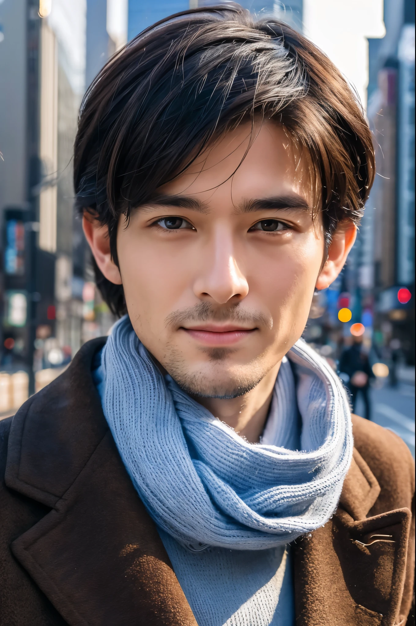 Fotorrealista, Retrato de cuerpo completo en 8K, un guapo, un hombre de 25 años, Una expresión encantadora, detalles detallados de la cara, TOKIOcty, inviernos, Shibuya al fondo