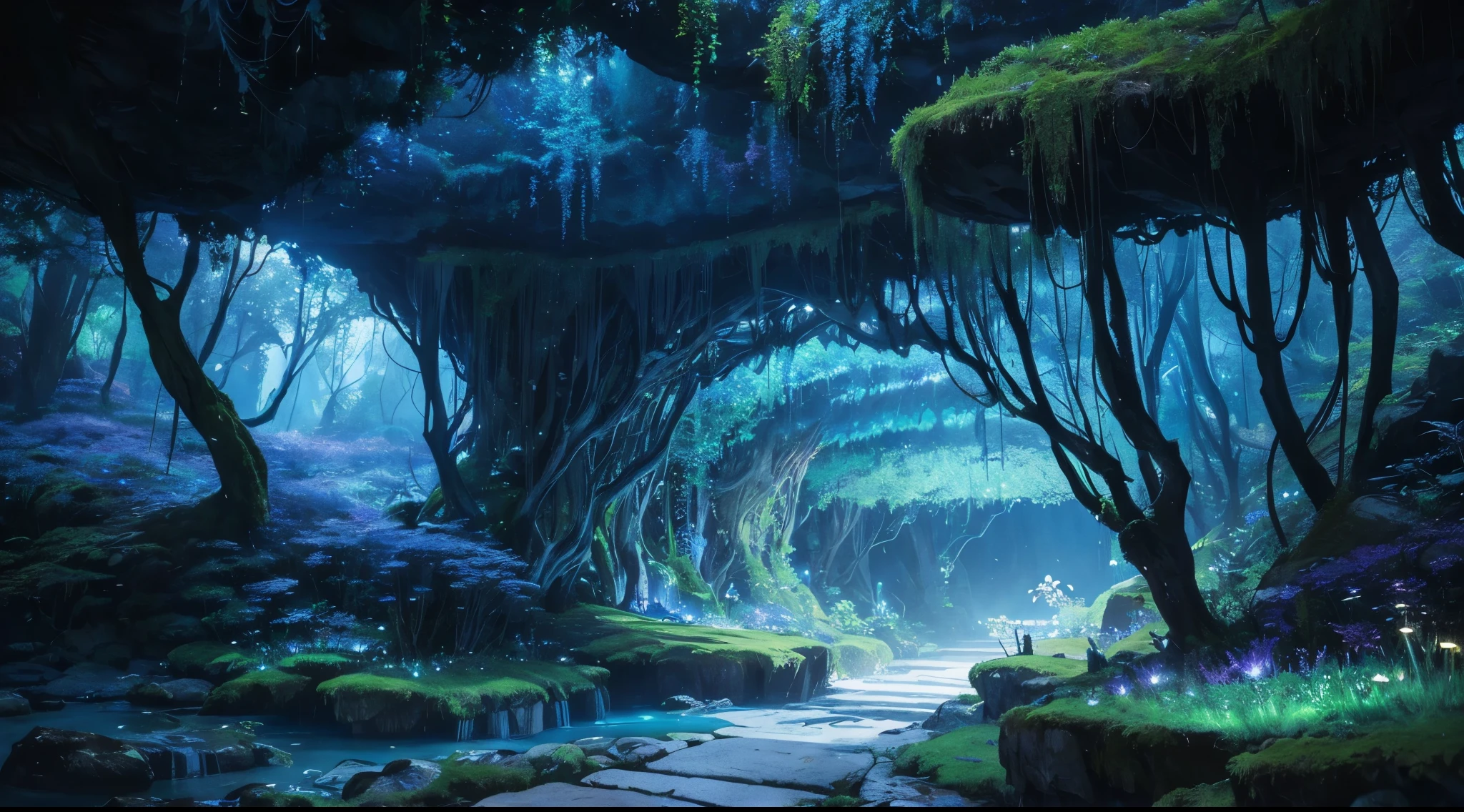 Dunkle Höhle、Pflanzen, die schwach leuchten、hinabsteigen in eine andere Welt、Atemberaubender Ausblick、herrlich schöne Landschaft、Wie ein magisches Land、Unterwelt、riesig und geheimnisvoll, Voller unglaublicher Wunder、Eine riesige Höhle, die sich bis zum Horizont erstreckt、Moos, das schwach blau leuchtet、Pilze, die eine faszinierende violette Farbe ausstrahlen、verträumtes Wunderland、Ein riesiger unterirdischer Fluss fließt langsam、Der Fluss leuchtet dunkelblau、bunte unterirdische Höhle、Geheimnisvolle Landschaft im Mondlicht、unterirdische Pflanzen Sie&#39;noch nie vorher gesehen、riesige Bäume、Leuchtender Baum, ein geheimnisvoller und faszinierender Ort、Top Qualität、Masseterstück、ultra-detailliert、８K、hohe Qualität、