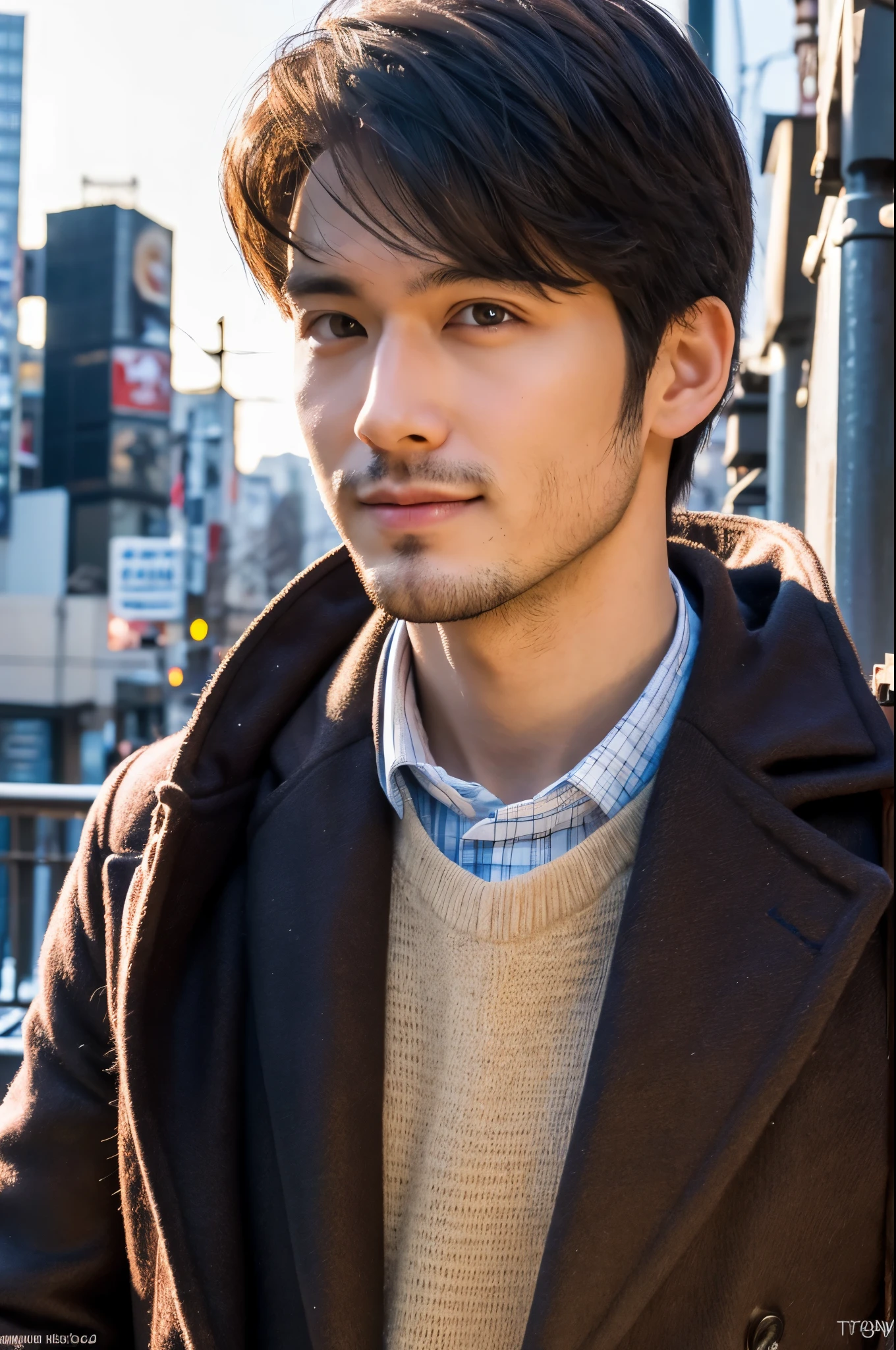 Fotorrealista, Retrato de cuerpo completo en 8K, un guapo, un hombre de 25 años, Una expresión encantadora, detalles detallados de la cara, TOKIOcty, inviernos, Shibuya al fondo