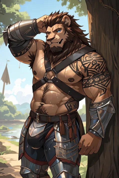 anthropomorphic, red lion, hairy, brown mane (black belly skin with tribal tattoos on face and shoulders, muscular male body, wet body, hot, pose, leaning on tree, hairy armpit, (wearing medieval armor), harness, has a big bulge, sweaty, blue eyes, showing...