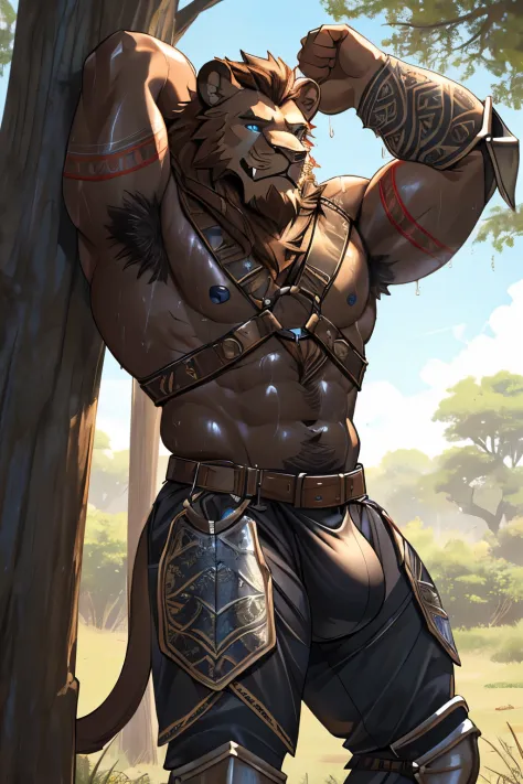 anthropomorphic, red lion, hairy, brown mane (black belly skin with tribal tattoos on face and shoulders, muscular male body, wet body, hot, pose, leaning on tree, hairy armpit, (wearing medieval armor), harness, has a big bulge, sweaty, blue eyes, showing...
