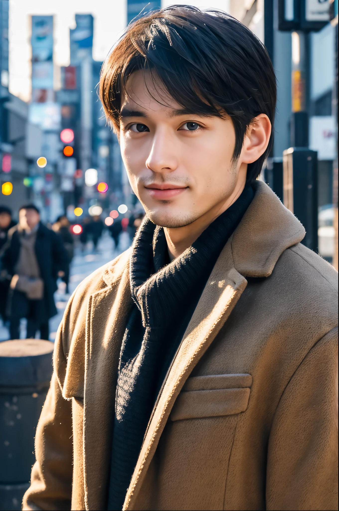 Fotorrealístico, Retrato de corpo inteiro em 8K, um lindo, Um homem, Uma expressão encantadora, detalhes detalhados do rosto, TÓQUIO Outubro, Invernos, Shibuya ao fundo