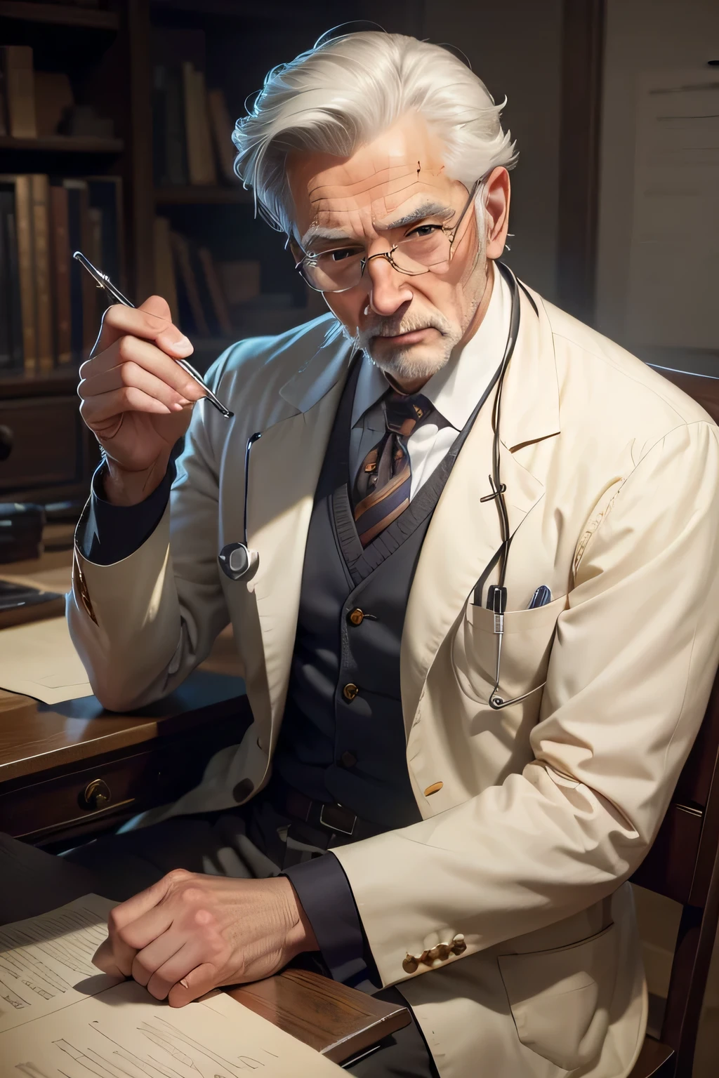 Arafed man in a white coat and tie sitting at a desk with a pen - SeaArt AI